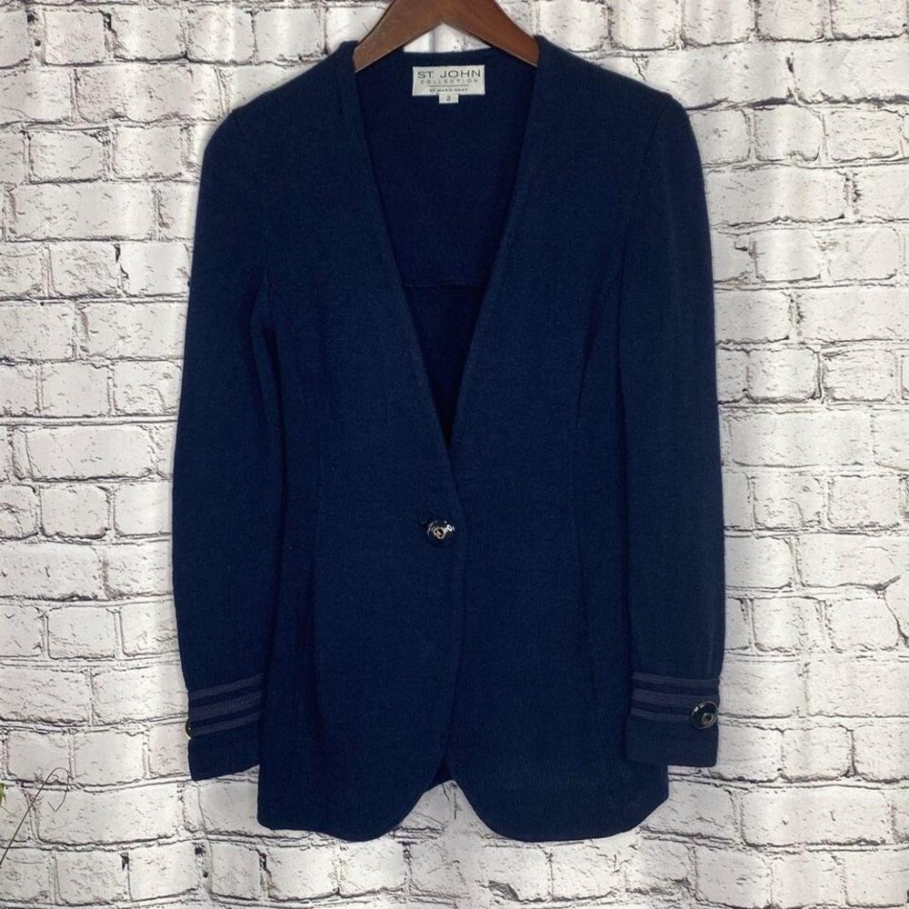 St. John Collection by Marie Gray Santana Knit Blazer‎ Detachable Collar 2 Navy
